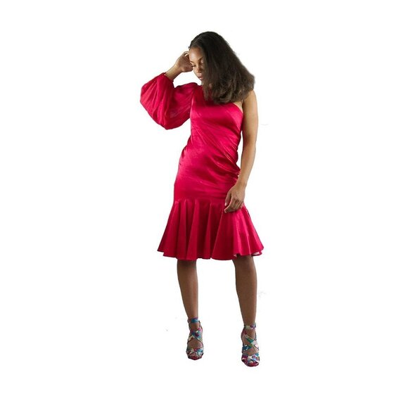 KAREN MILLEN Red One Shoulder Silk Peplum Dress Evening Cocktail - Picture 1 of 7